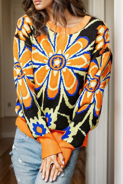 Floral Dropped Shoulder Sweater Sweaters Trendsi Tangerine S 