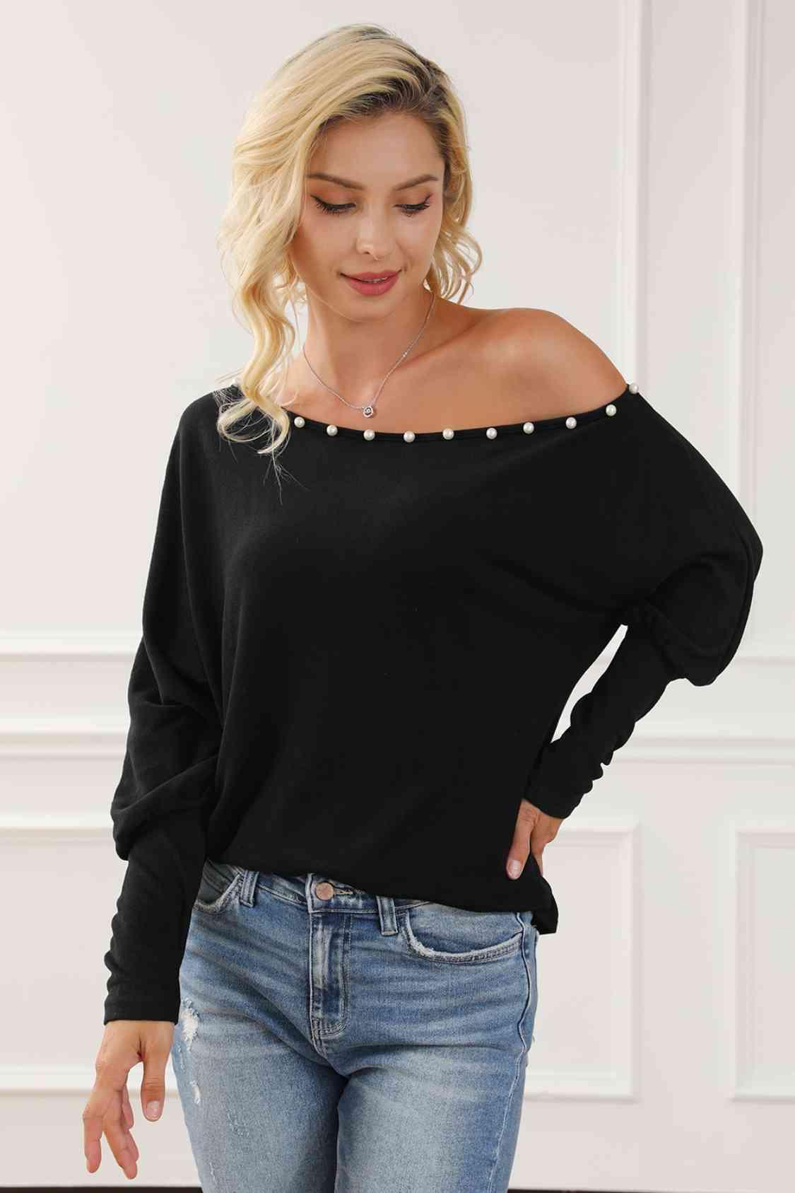 Pearl Trim Lantern Sleeve Top Blouses Trends   