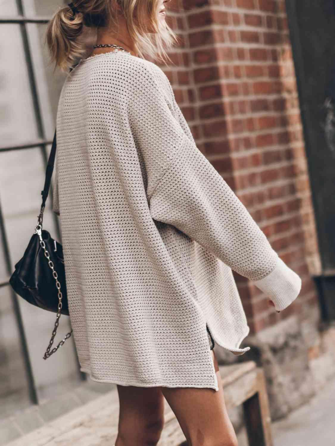 Openwork Round Neck Long Sleeve Slit Sweater Sweaters Trendsi   