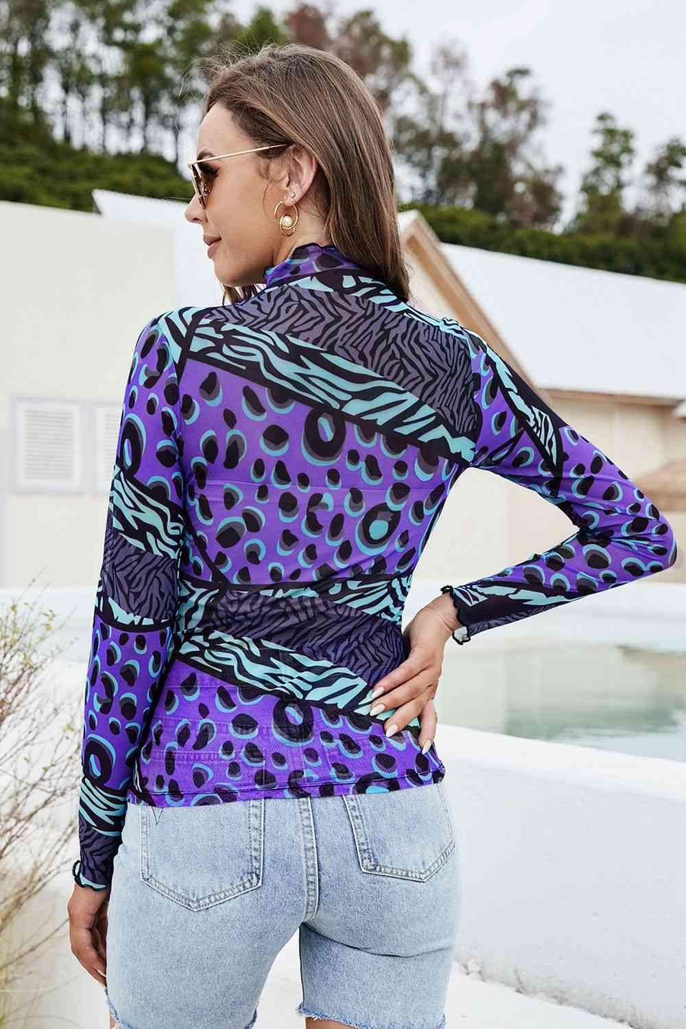 Printed Mock Neck Long Sleeve Blouse Blouses Trendsi   