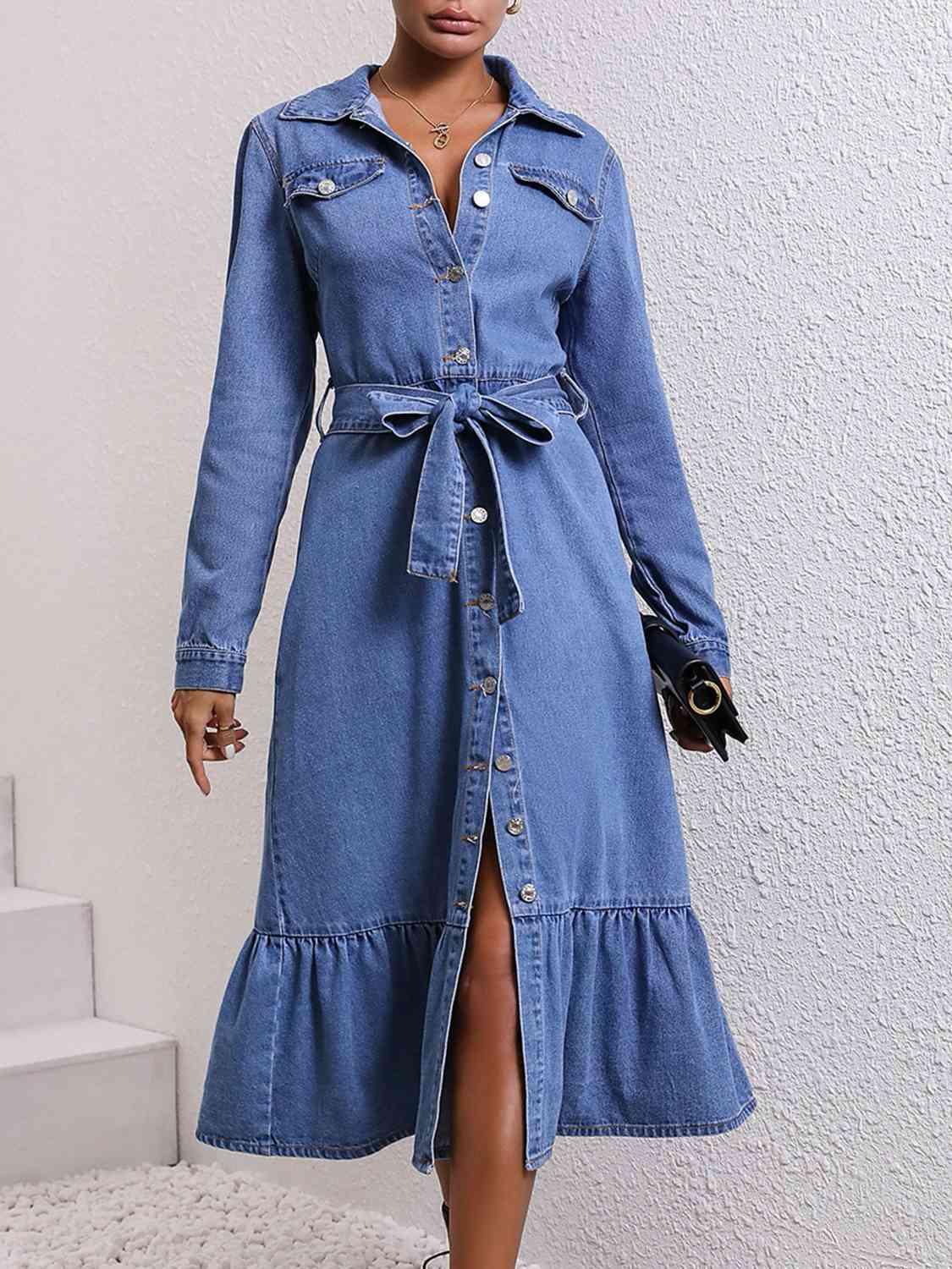 Collared Neck Ruffle Bottom Denim Dress Dresses Trendsi Dusty  Blue XS 