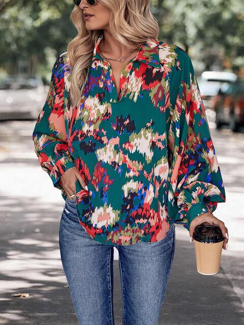 Printed Johnny Collar Long Sleeve Blouse Blouses Trends Green S 
