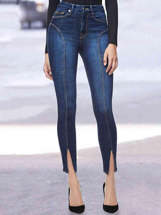 Buttoned Slit Jeans Jeans Trend Navy S 