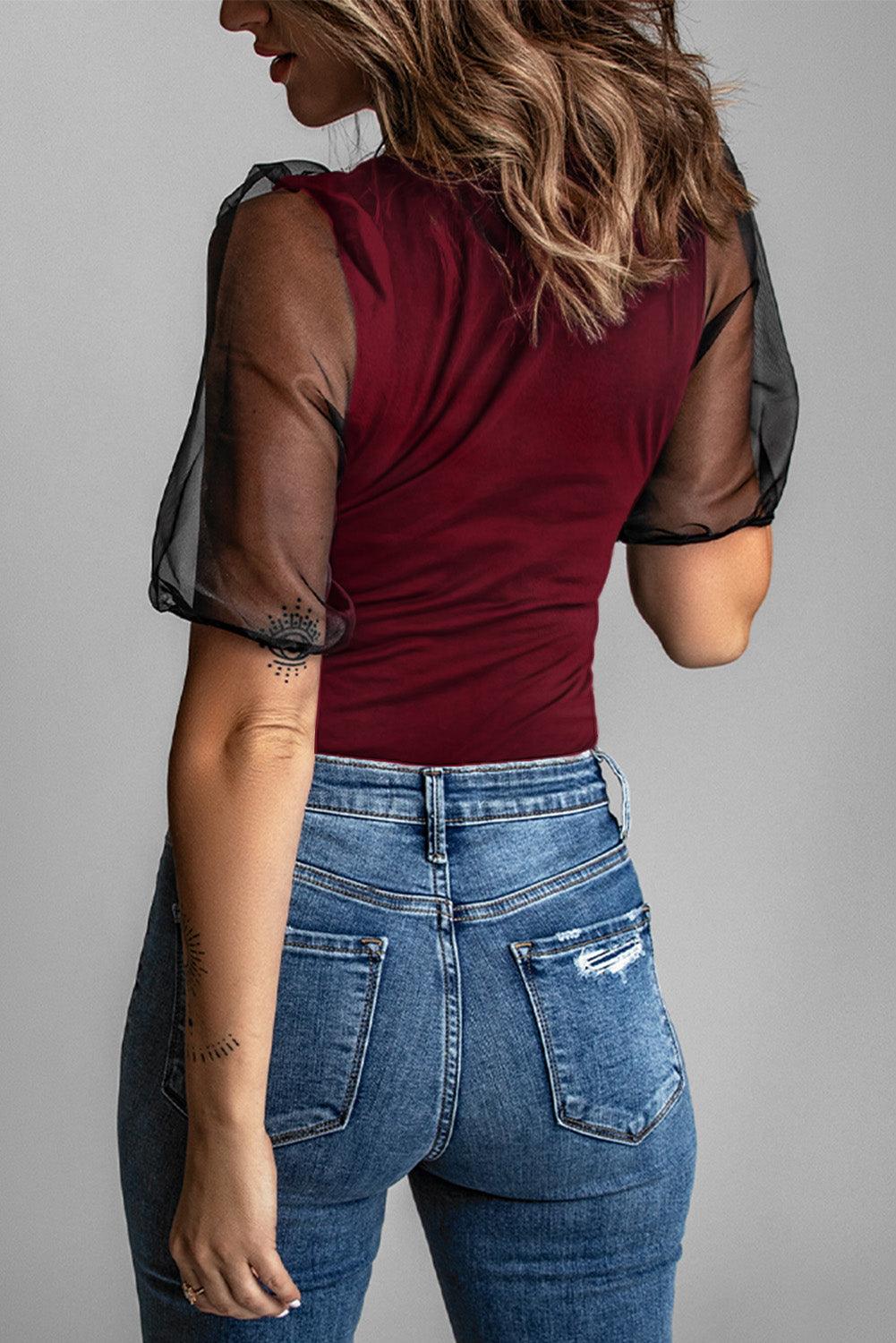 Mesh Puff Sleeve Blouse Blouses White   
