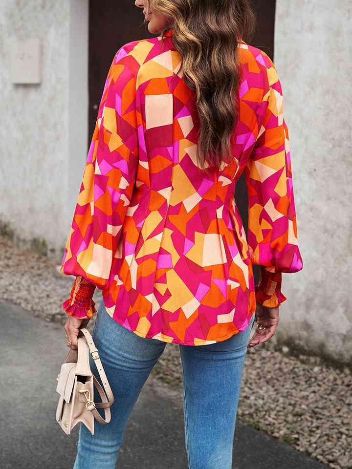 Printed Button-Up Lantern Sleeve Shirt Button-Up Trendsi   