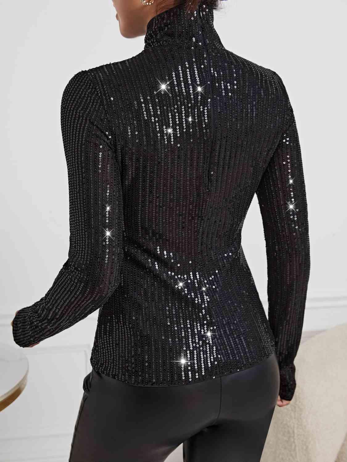 Sequin Turtleneck Long Sleeve Blouses Blouses Trendsi   