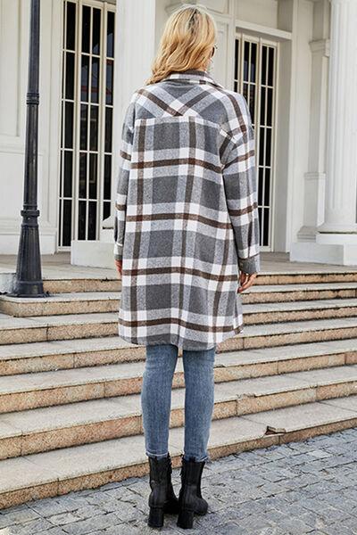 Plaid Button Up Collared Neck Jacket with Pockets Jackets Trendsi   