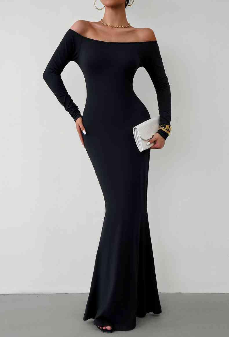 Off-Shoulder Long Sleeve Maxi Dress Dresses Trendsi Black S 