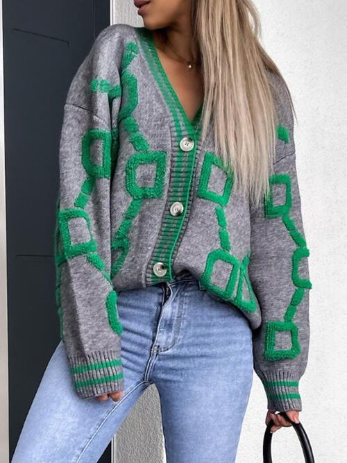 Geometric Dropped Shoulder Button Down Cardigan Cardigans Trend   