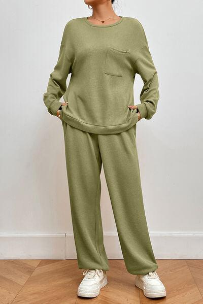 Pocketed Round Neck Top and Pants Lounge Set Pant Set Trends   