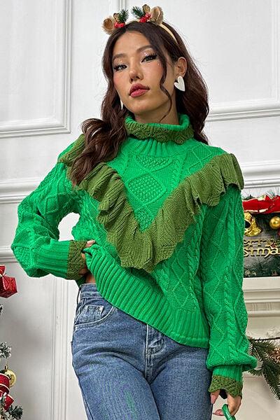 Cable-Knit Ruffled Mock Neck Lantern Sleeve Sweater Sweaters Trendsi Mid Green S 