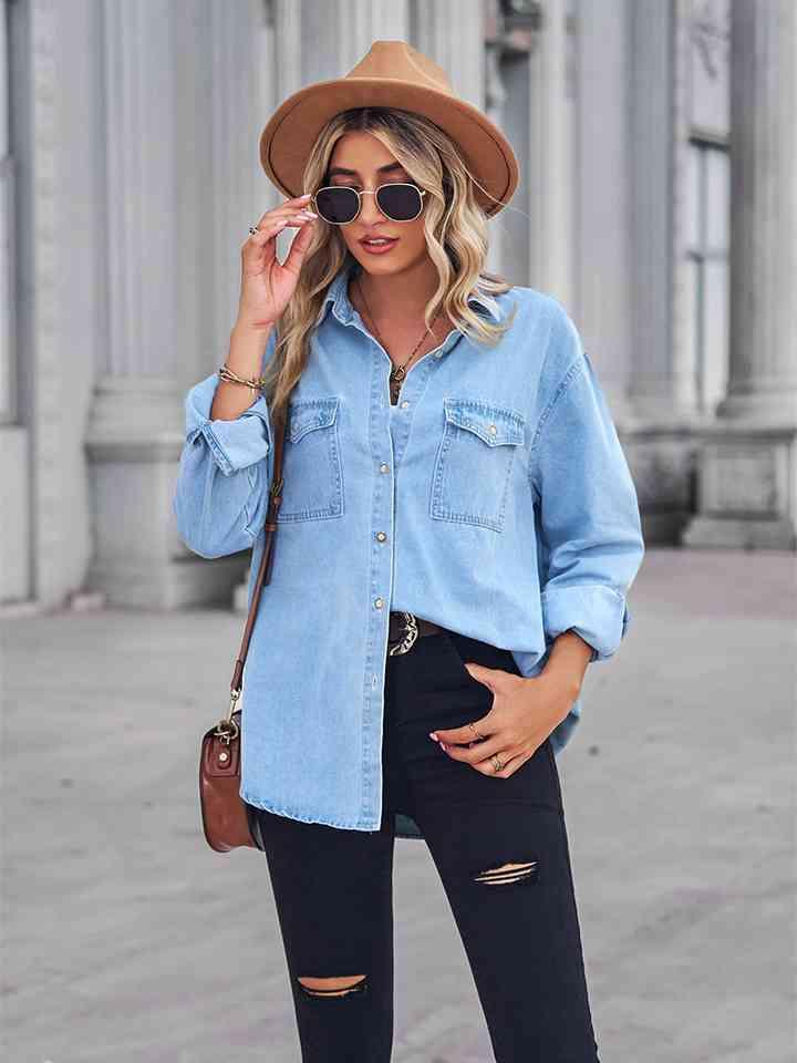 Long Sleeve Denim Shirt Tops Trendsi   