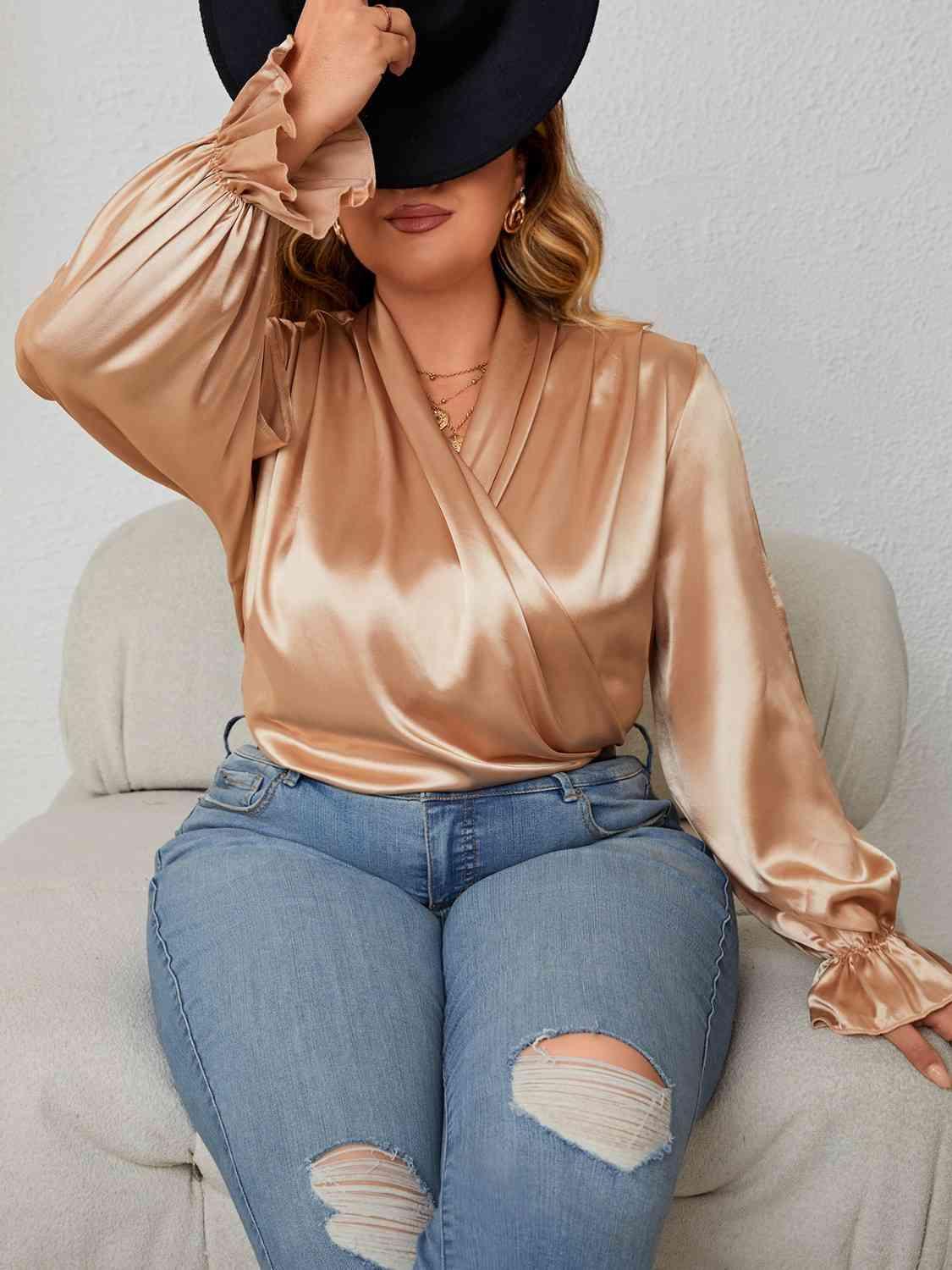 Surplice Neck Flounce Sleeve Blouse Tops Trendsi Gold 1XL 