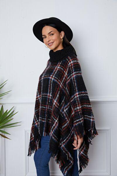 Turtleneck Plaid Raw Hem Poncho Sweater Tops Trendsi   