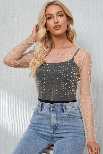 Pearl Mesh Log Sleeve Cropped Top Blouses Trendsi White S 