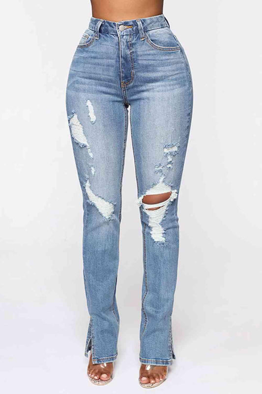 Distressed Side-Slit Jeans Jeans Trendsi Light S 