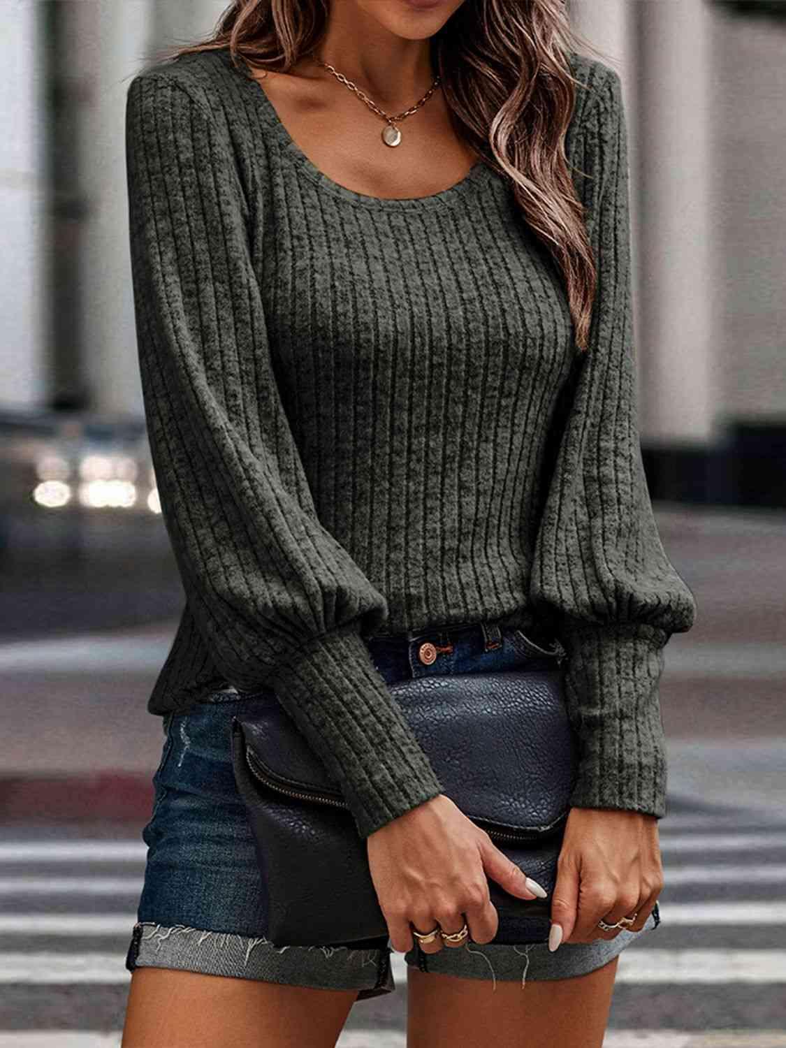 Ribbed Round Neck Long Sleeve Blouse Blouses Trends   