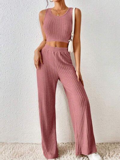 Ribbed Round Neck Tank and Pants Sweater Set Pant Set Trends   