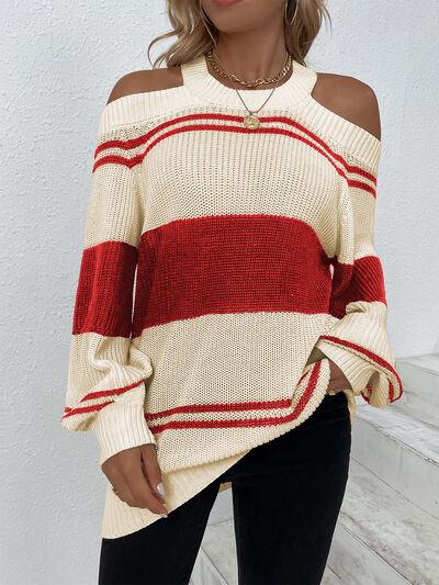Color Block Striped Cold Shoulder Sweater Sweaters Trendsi Tan S 