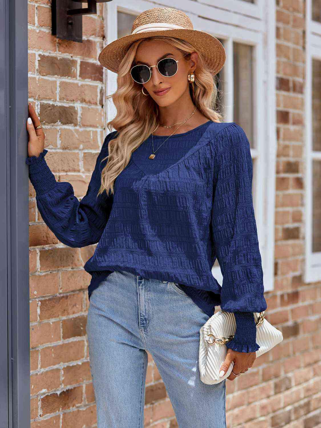 Round Neck Lantern Sleeve Blouse Blouses Trendsi   