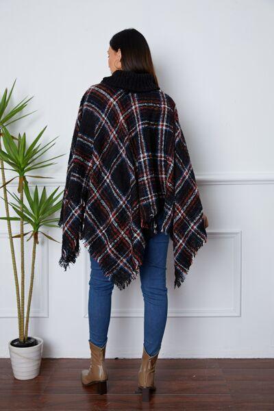 Turtleneck Plaid Raw Hem Poncho Sweater Tops Trendsi   