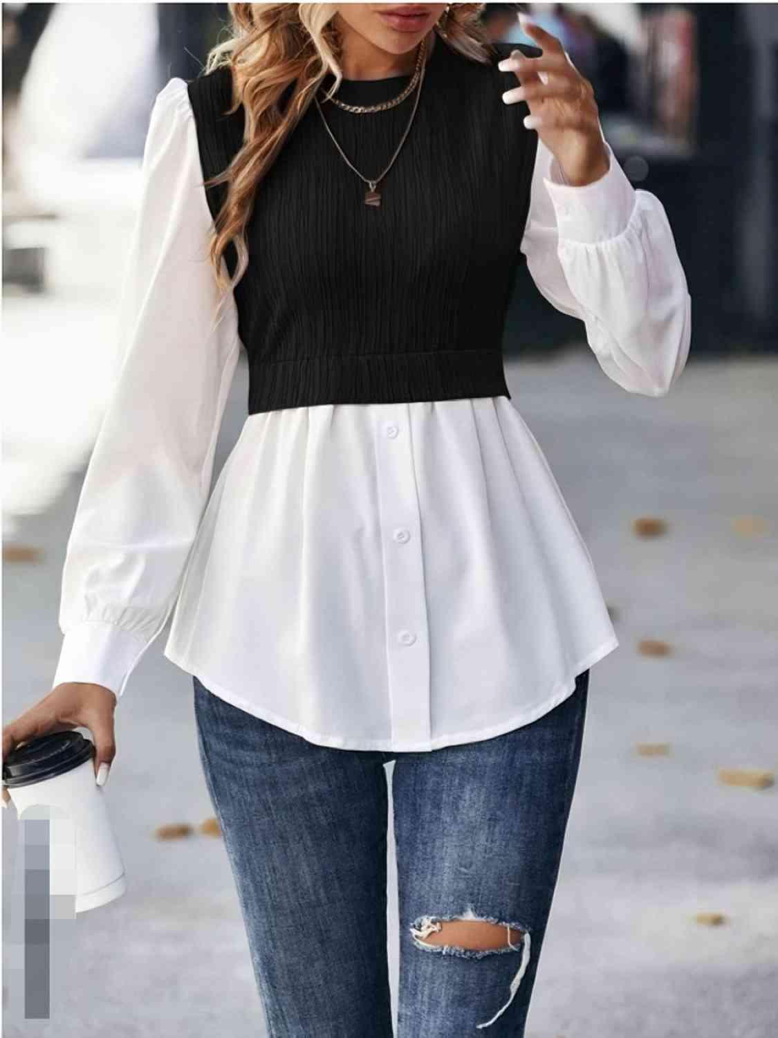 Cable Mock Vest Detail Blouse Blouses Trends   