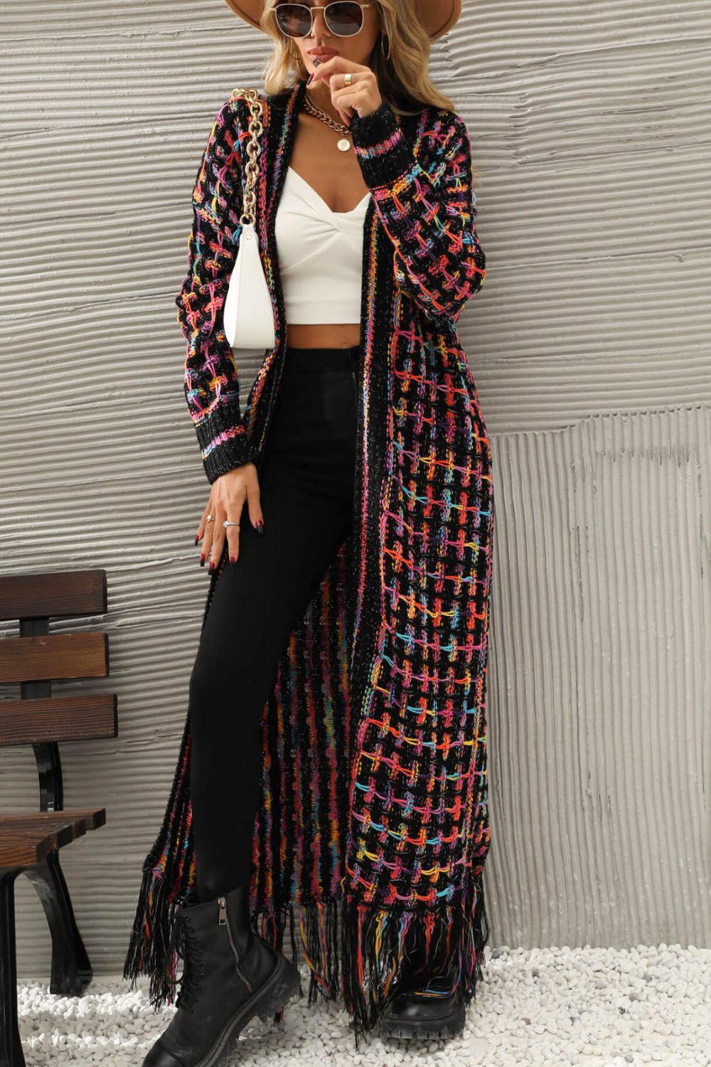 Multicolored Fringe Hem Cardigan Cardigans White   