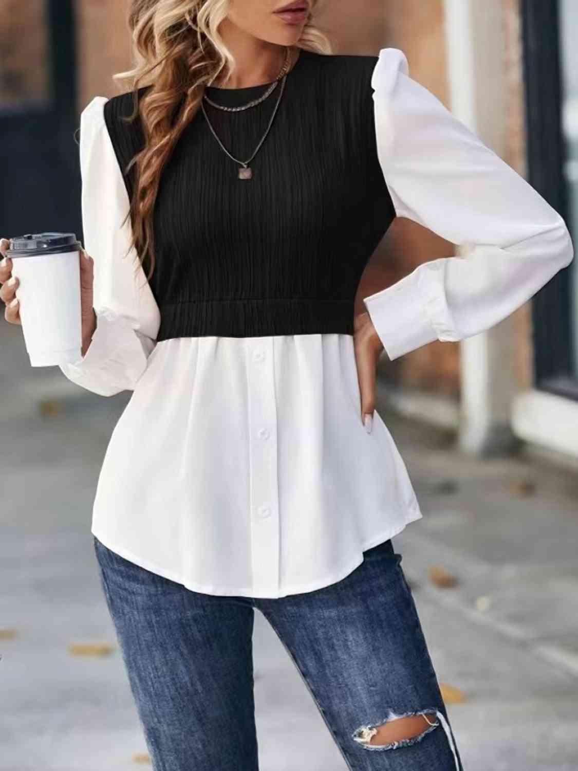 Cable Mock Vest Detail Blouse Blouses Trends   