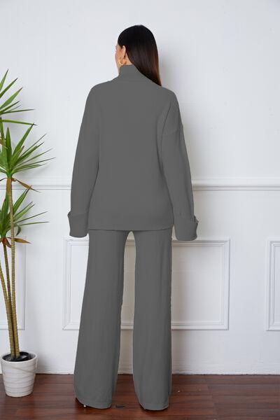 Turtleneck Dropped Shoulder Top and Pants Sweater Set Pant Set Trends   