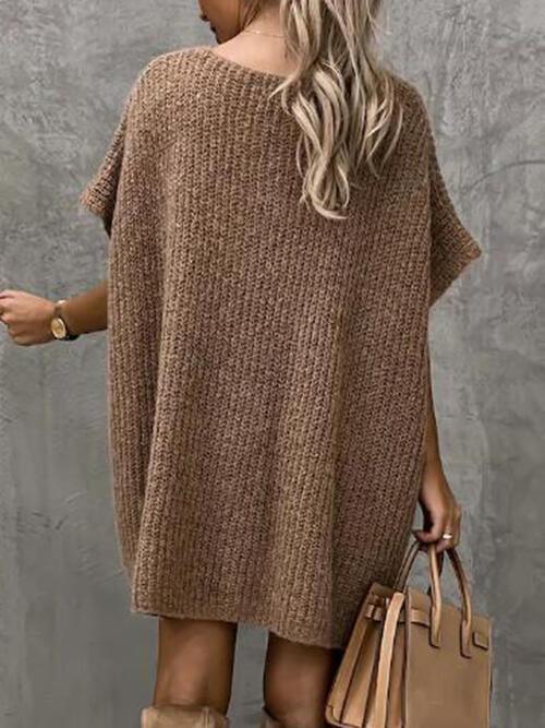 V-Neck Short Sleeve Sweater with Pockets Tops Trendsi   