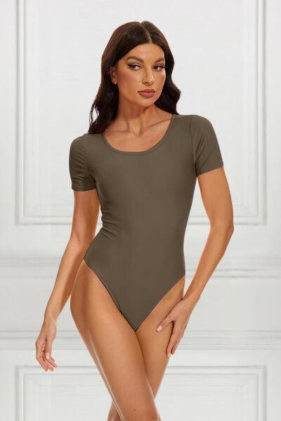 Round Neck Short Sleeve Bodysuit Bodysuits Trendsi Taupe S 