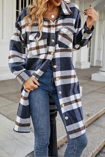 Plaid Button Up Collared Neck Jacket with Pockets Jackets Trendsi   