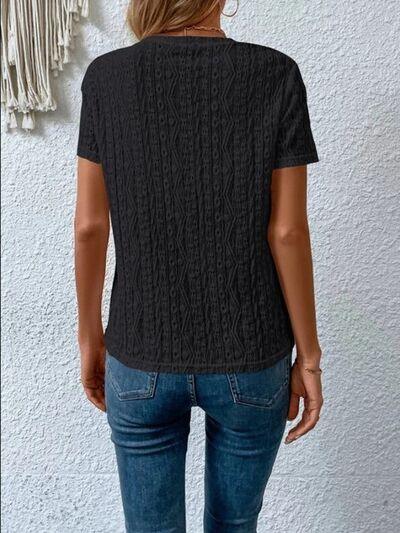 Eyelet Round Neck Short Sleeve T-Shirt T-Shirts Trendsi   