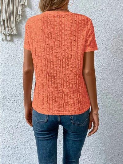 Eyelet Round Neck Short Sleeve T-Shirt T-Shirts Trendsi   