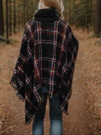 Turtleneck Plaid Raw Hem Poncho Sweater Tops Trendsi   