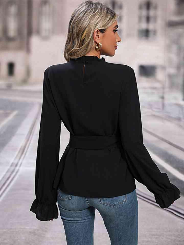 Round Neck Tie Waist Long Sleeve Blouse Blouses Trendsi   