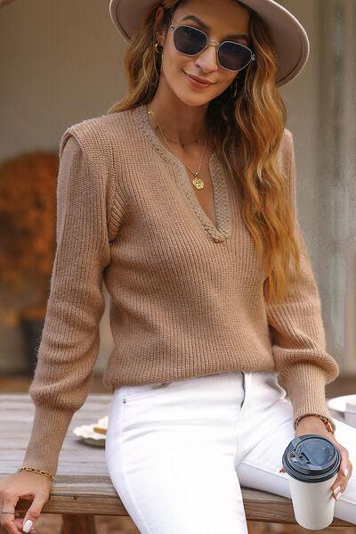Notched Long Sleeve Sweater Sweaters Trendsi   