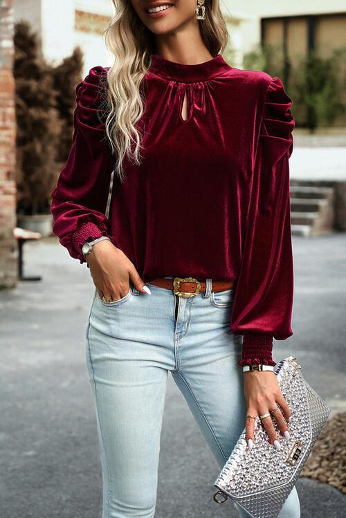 Mock Neck Velvet Long Sleeve Blouse Blouses Trends Wine S 