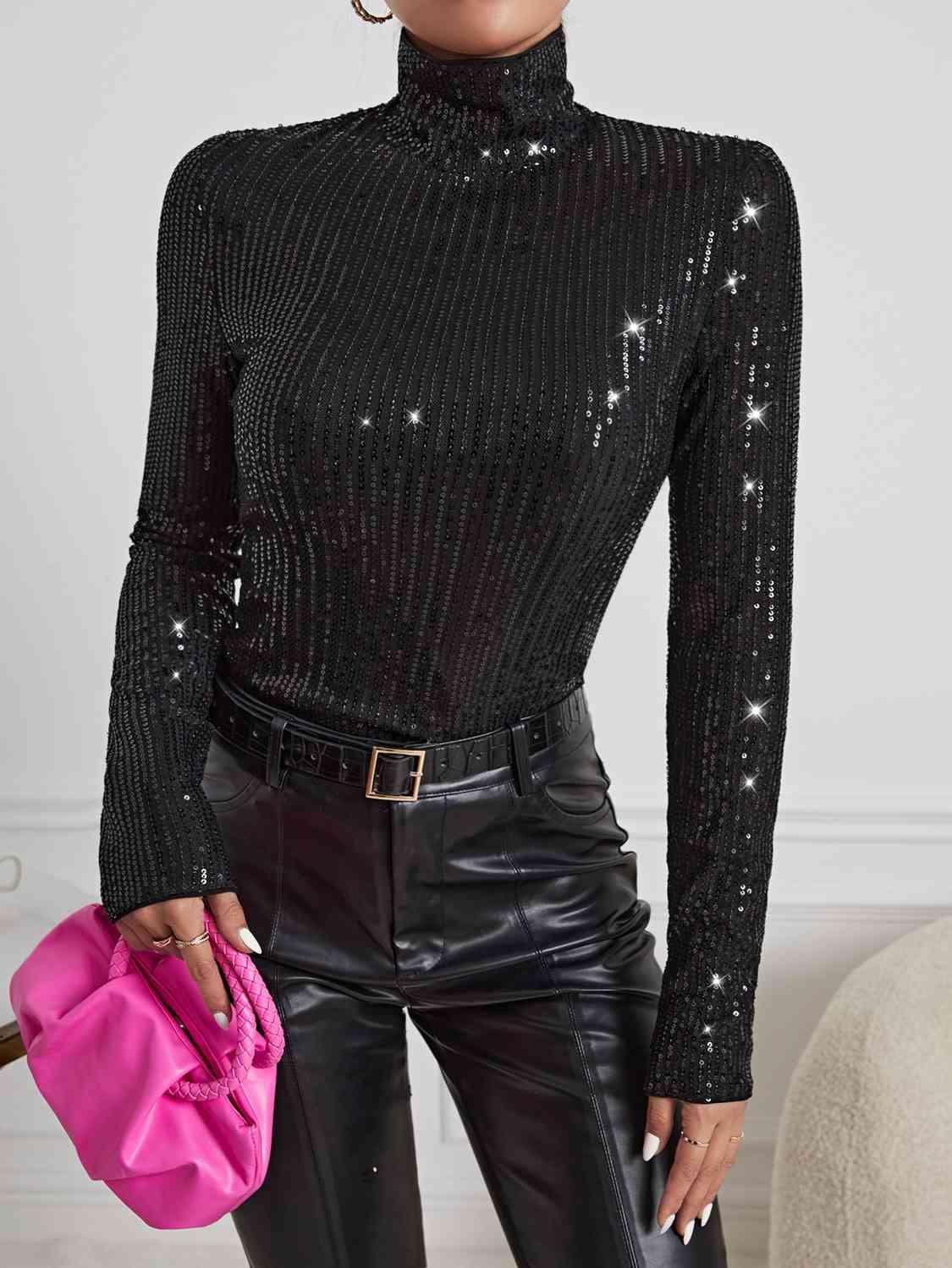 Sequin Turtleneck Long Sleeve Blouses Blouses Trendsi   