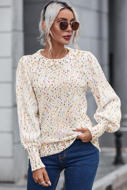 Heathered Lantern Sleeve Sweater Sweaters Trendsi Cream S 