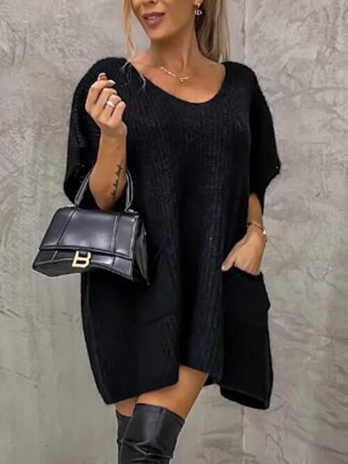 V-Neck Short Sleeve Sweater with Pockets Tops Trendsi Black S/M 