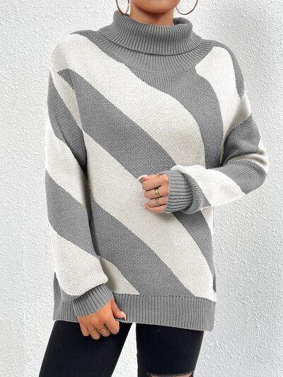 Striped Turtleneck Dropped Shoulder Sweater Sweaters Trendsi   