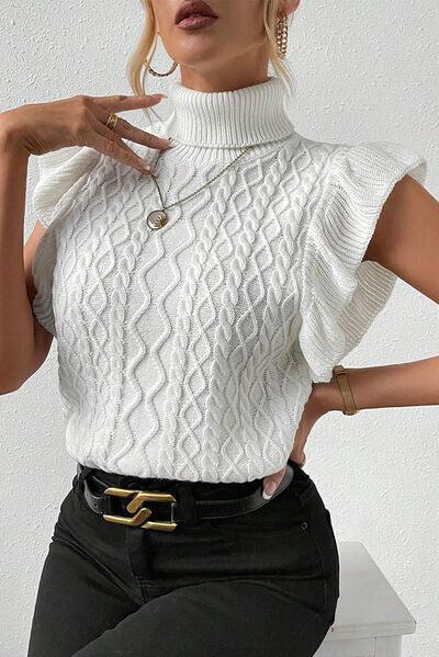 Cable-Knit Turtleneck Cap Sleeve Sweater Blouses Trendsi   