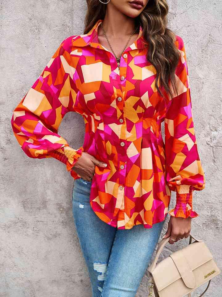 Printed Button-Up Lantern Sleeve Shirt Button-Up Trendsi Orange S 