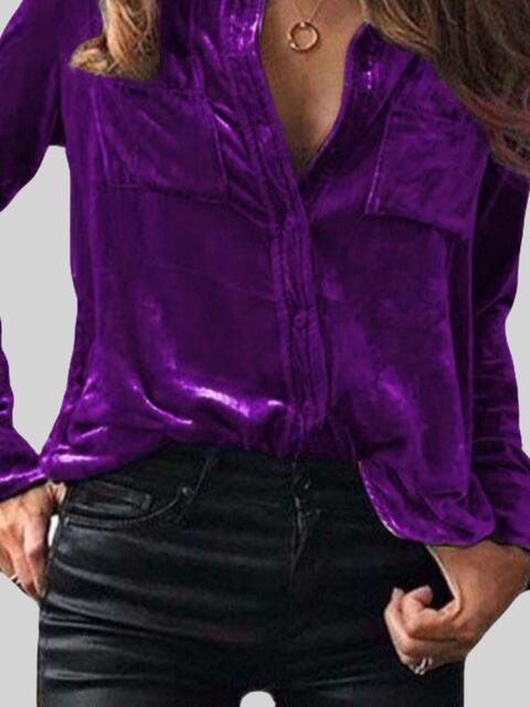 Button Up Collared Shirt with Breast Pockets Blouses Trend   