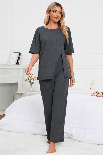 Round Neck Slit Top and Pants Lounge Set Loungewear Trendsi Charcoal S 