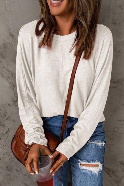Round Neck Long Sleeve Cotton Top Tops Trendsi White S 