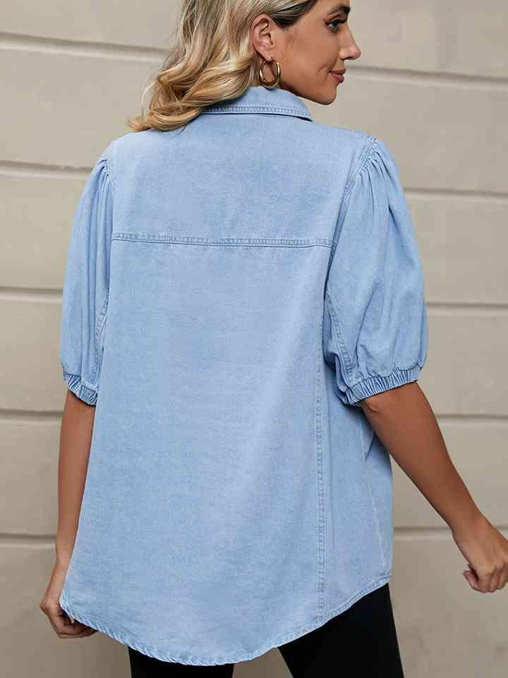 Puff Sleeve Denim Shirt Tops Trendsi   