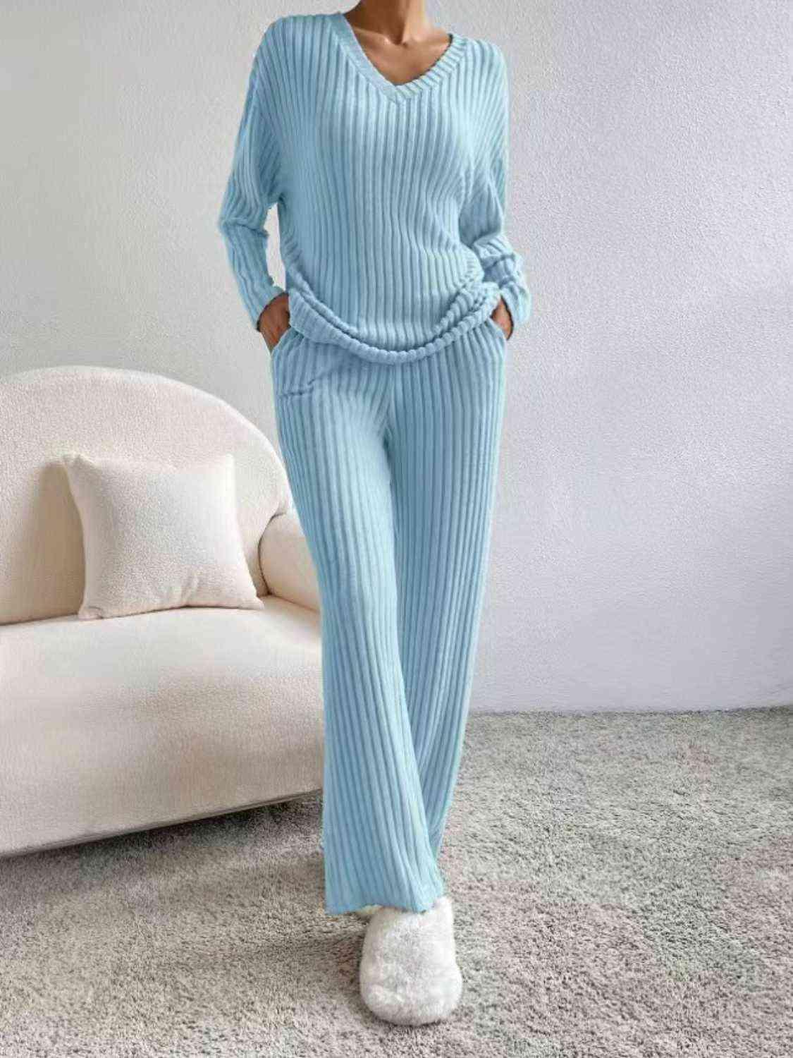 Ribbed V-Neck Long Sleeve Top and Pants Set Pant Set Trendsi Misty  Blue XS 