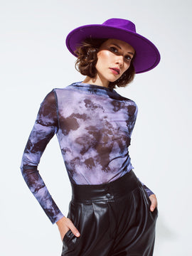 Mesh Ruched Abstract Purple Print Top